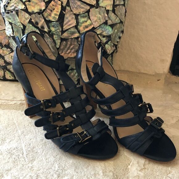 Colin Stuart navy strappy leather heel sz 10 - Picture 1 of 6
